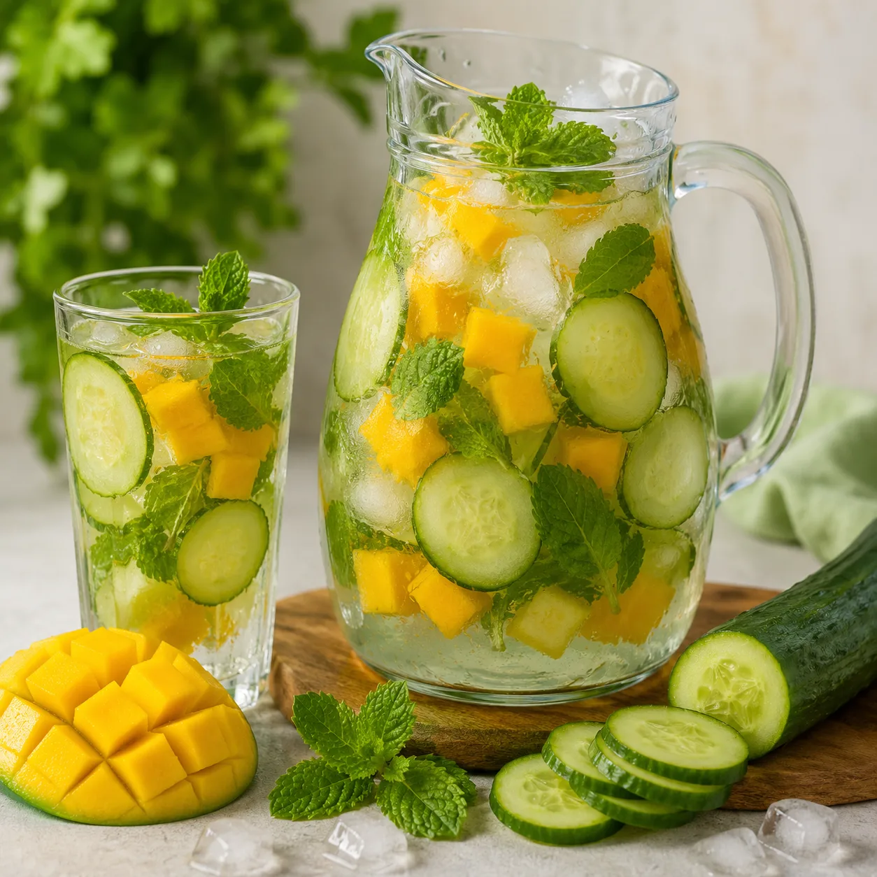 Água aromatizada com manga e pepinos
