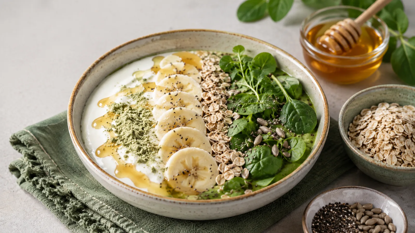 Bowl verde com aveia, folhas verdes, aveia e mel como decoração do prato