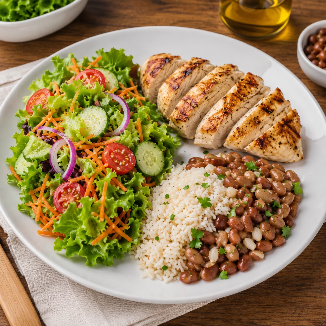 Prato equilibrado com proteína, arroz, feijão e vegetais