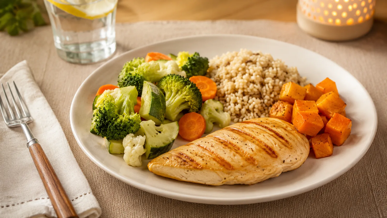 prato com filé de frango, legumes e cereais