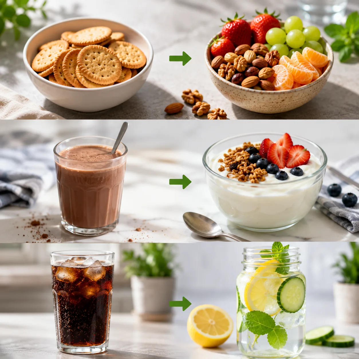biscoitos trocados por frutas, achocolatado sendo substituído por iogurte, refrigerante sendo trocado por água saborizada