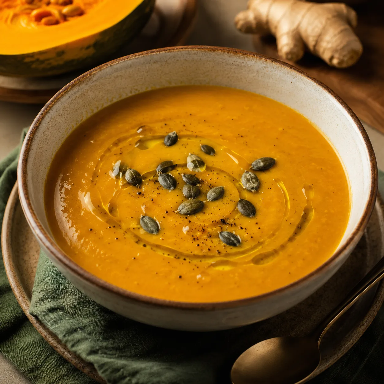 Prato de sopa de abóbora decorado com sementes de abóbora tostadas